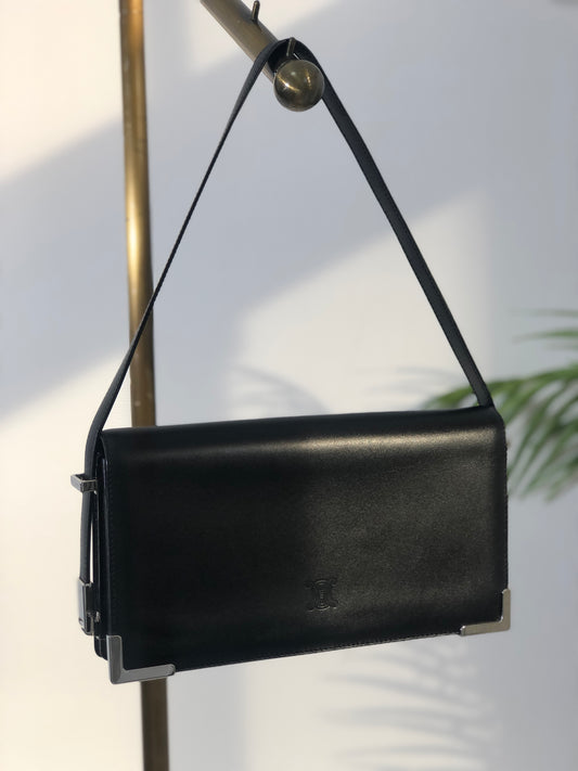 CELINE Blason Metal Corner Leather Handbag Black Vintage zepdjs