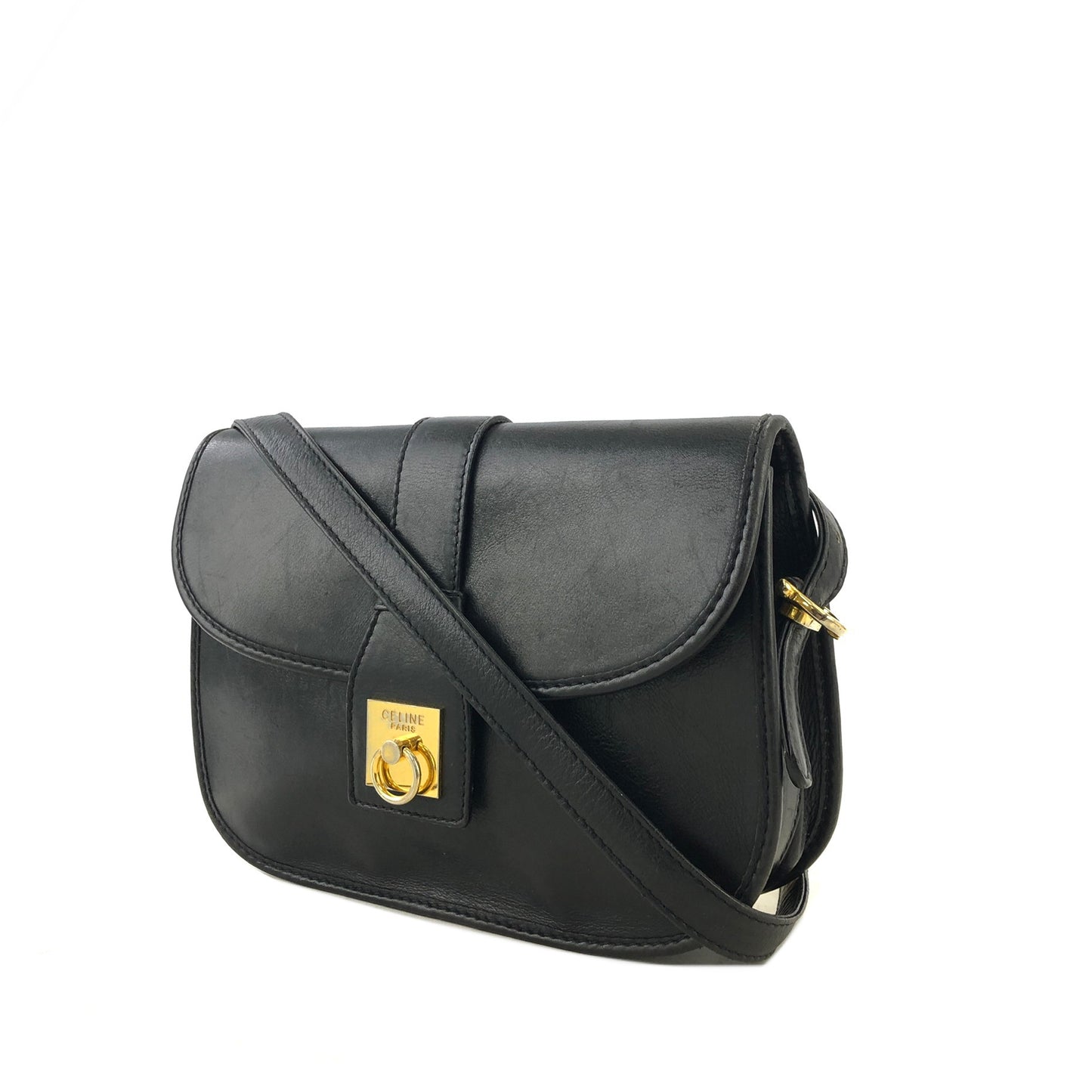 CELINE Gancini Leather Crossbody Shoulder bag Black Vintage 243mx8