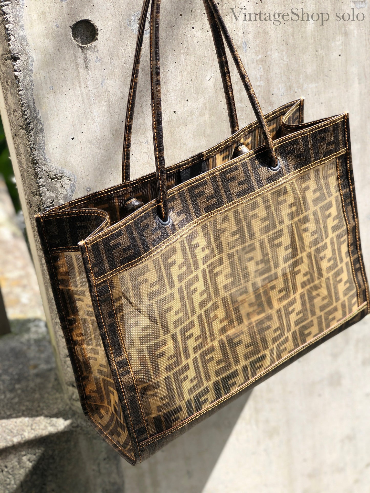 FENDI Zucca handbag tote bag square mesh pvc brown old vintage zemssz
