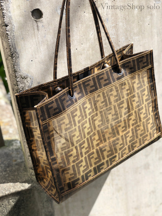 FENDI Zucca 手提包托特包方形網眼 pvc 棕色舊款復古 zemssz