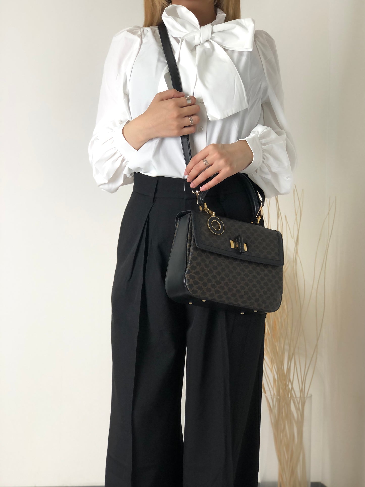 CELINE Macadam Logo Motif Charm Turn Lock Leather Two-way Handbag Shoulder bag Black Vintage cptypf