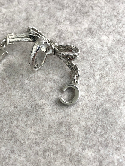 Christian Dior CD Logo Ribbon Motif Earrings Silver Vintage em4kdx