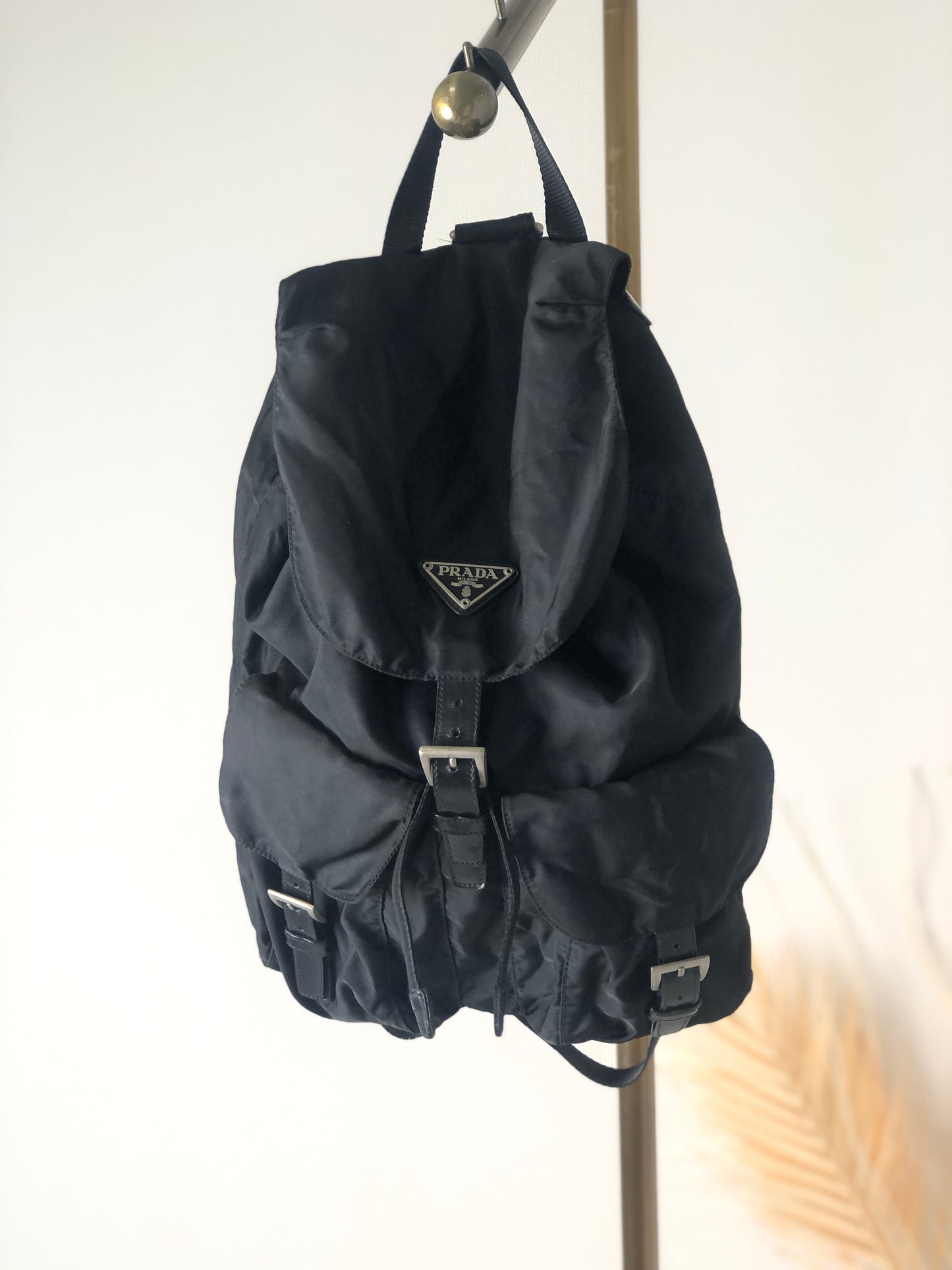 PRADA Triangle Logo Double Pocket Nylon Backpack Black Vintage mwb7bb