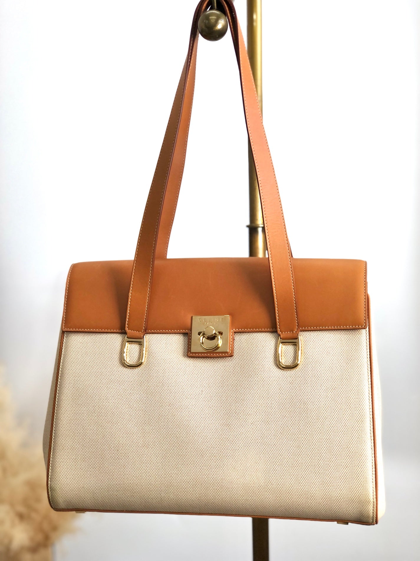 CELINE Gancini Handbag Beige×Brown Vintage hzaany