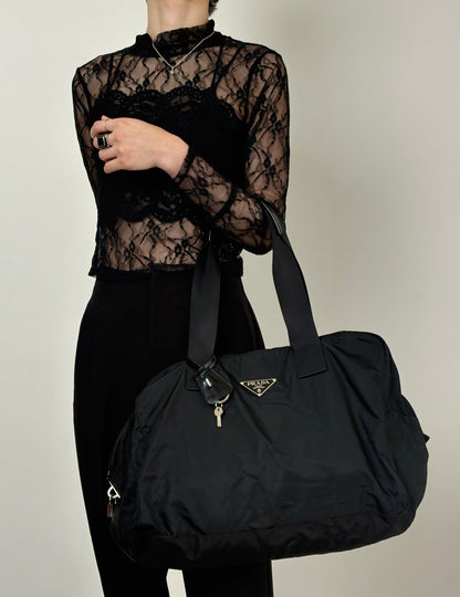 PRADA Tessuto Triangle Logo Boston bag Black Vintage utr82b