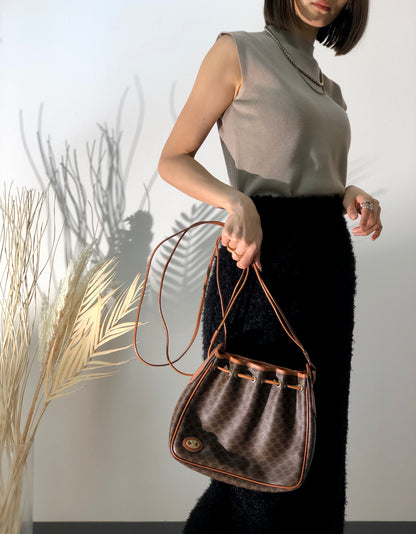 CELINE Macadam PVC Leather Drawstring Shoulder bag Brown Vintage hw5asw