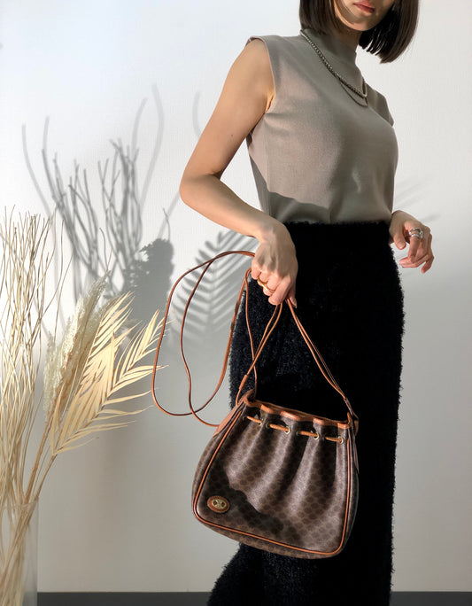 CELINE Macadam PVC Leather Drawstring Shoulder bag Brown Vintage hw5asw