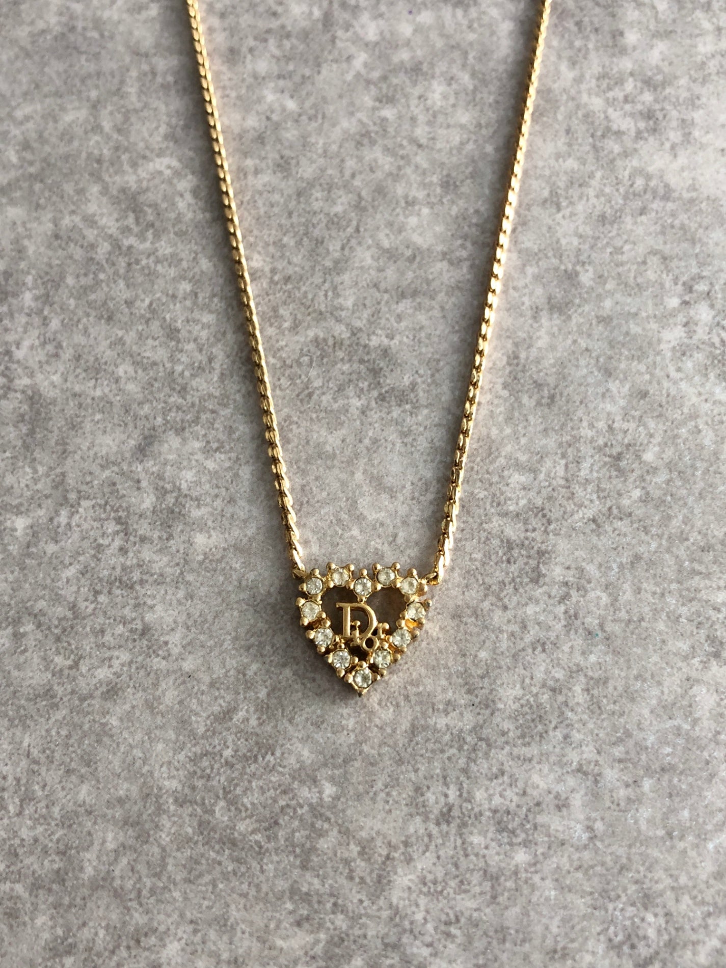Christian Dior Heart Motif Rhinestone Necklace Gold Vintage z4hitf