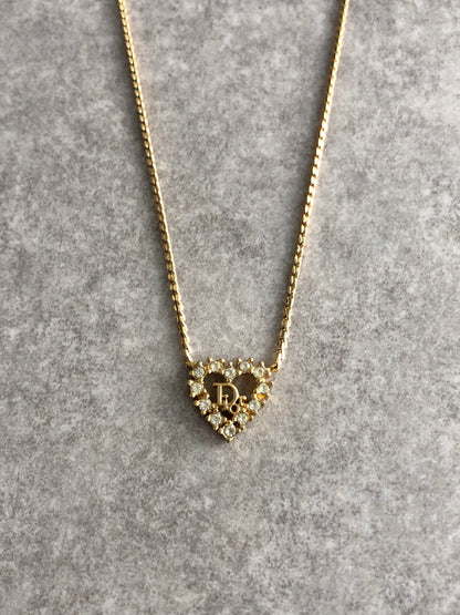 Christian Dior Heart Motif Rhinestone Necklace Gold Vintage z4hitf