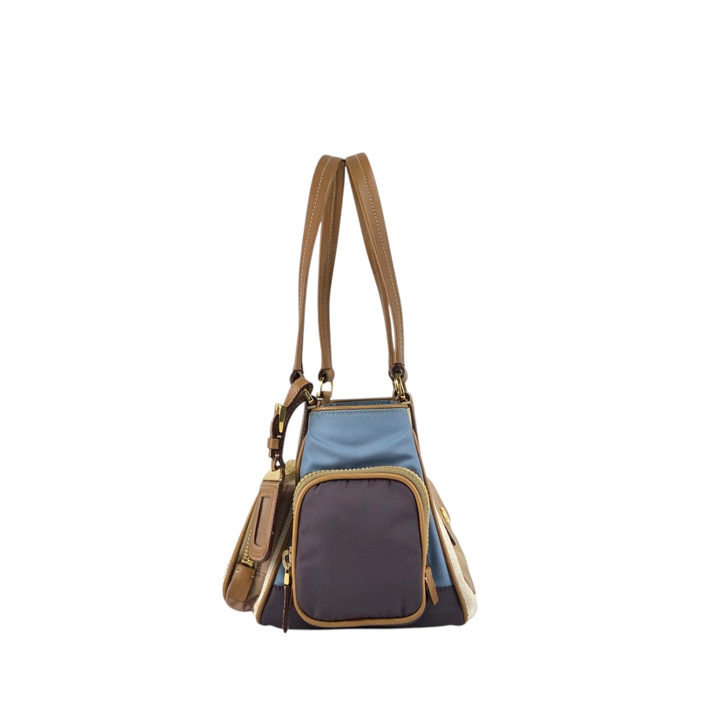 PRADA Triangle Logo Multi Pocket Handbag Totebag Beige×Blue Vintage fkki3a