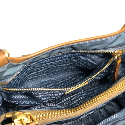 PRADA Triangle Logo Multi Pocket Handbag Totebag Beige×Blue Vintage fkki3a