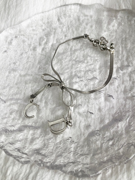 Christian Dior CD Logo Ribbon Bracelet Silver Vintage m6kuei