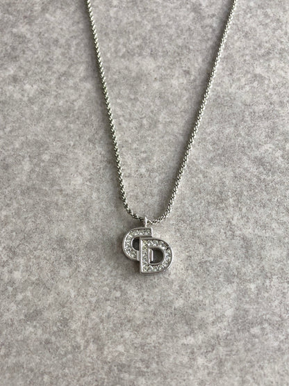 Christian Dior CD Logo Rhinestone Necklace Silver Vintage nidi67