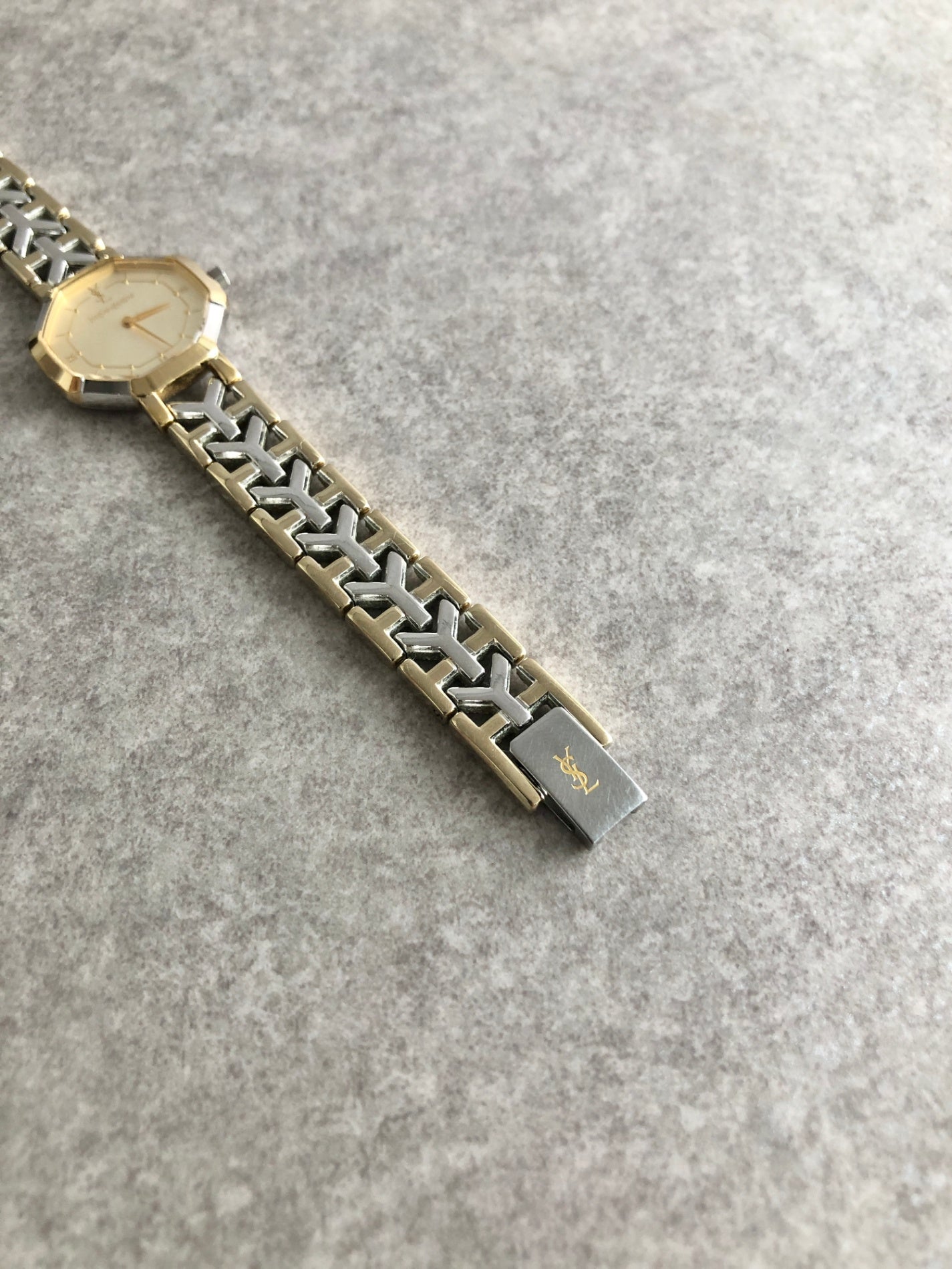 Yves Saint Laurent YSL Logo Quartz Watch Silver×Gold 2200-241762 Vintage r5aupi