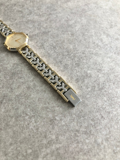 Yves Saint Laurent YSL Logo Quartz Watch Silver×Gold 2200-241762 Vintage r5aupi