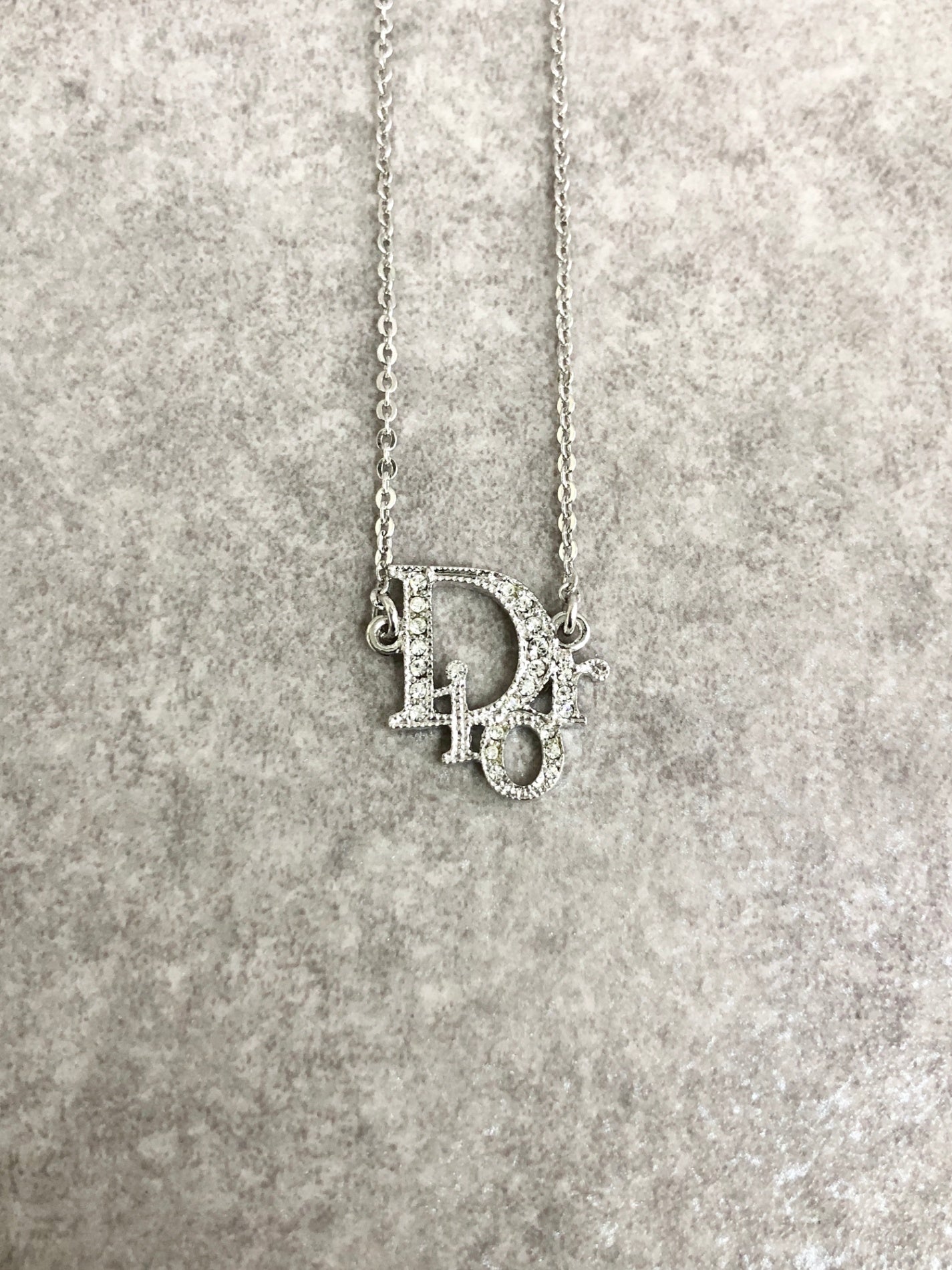 Christian Dior Logo Motif Rhinestone Necklace Silver Vintage 7cngfa