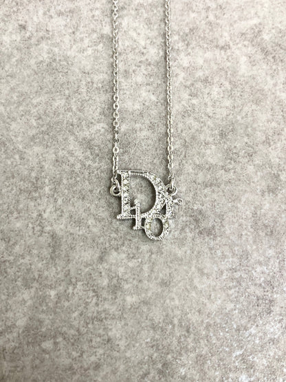 Christian Dior Logo Motif Rhinestone Necklace Silver Vintage 7cngfa