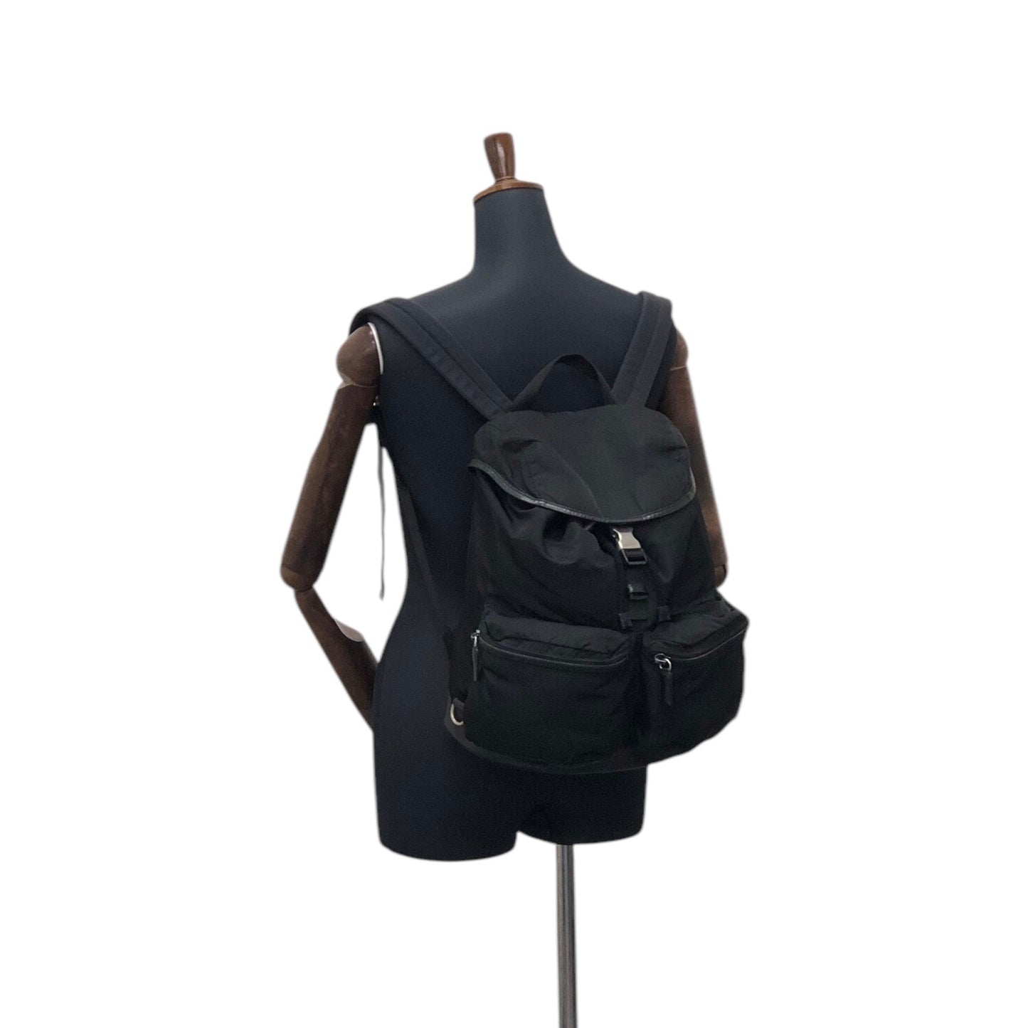 PRADA Triangle Logo Front Belt Double Pocket Backpack Black Vintage 7wppf4