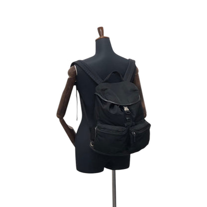 PRADA Triangle Logo Front Belt Double Pocket Backpack Black Vintage 7wppf4