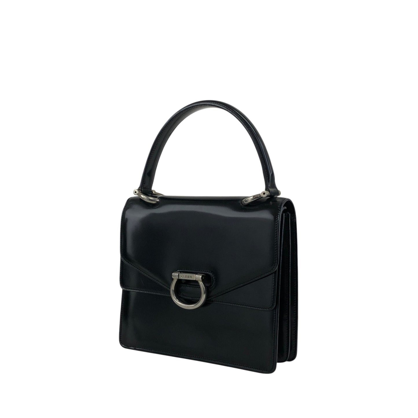 CELINE Gancini Double Flap Top Handle Handbag Black Vintage ku22zn