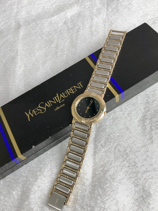 Yves Saint Laurent YSL Logo Quartz Watch Silver×Gold 4620-E60657Y Vintage 6iv5j7