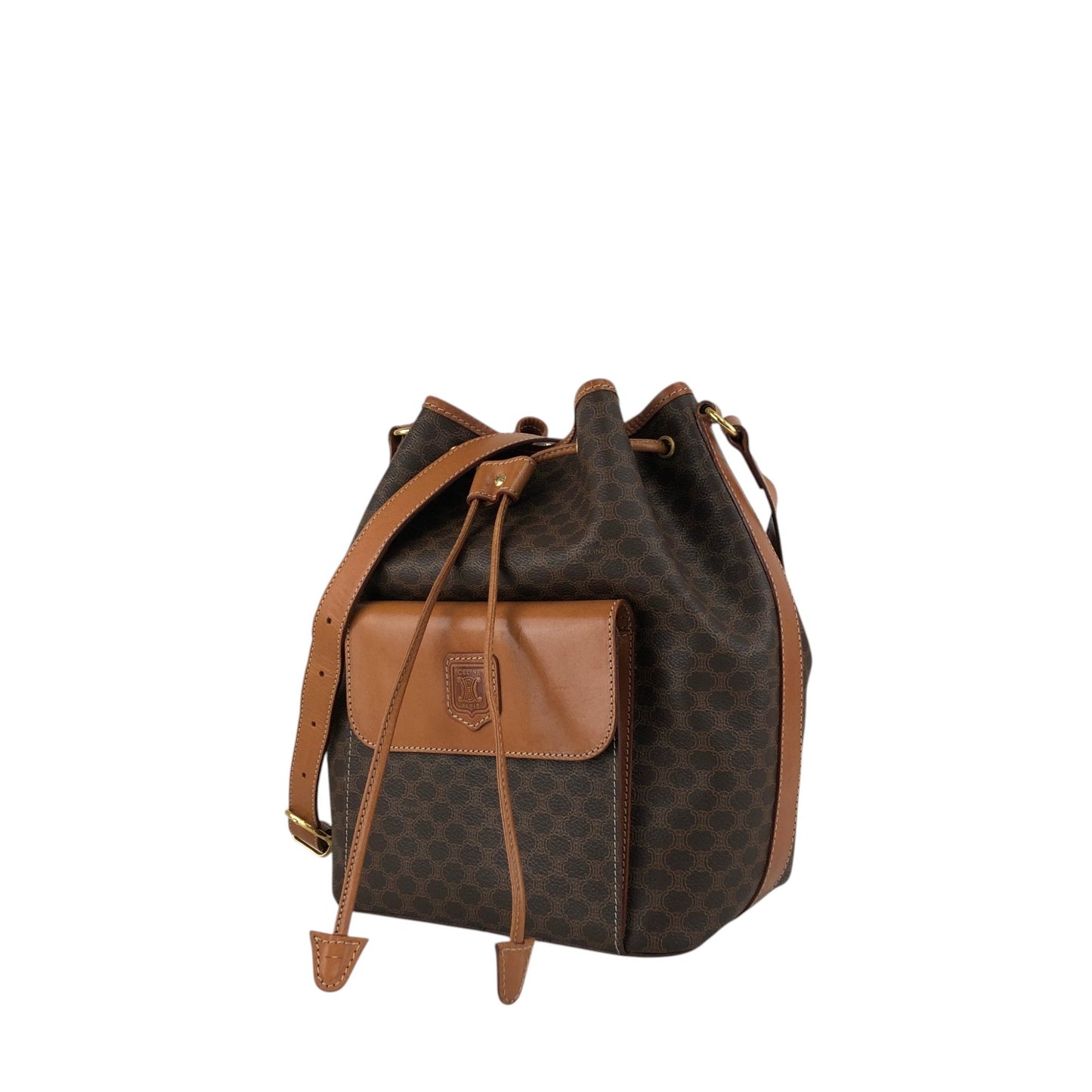 CELINE Macadam Blason Drawstring Shoulder bag Brown Vintage ex6n3b