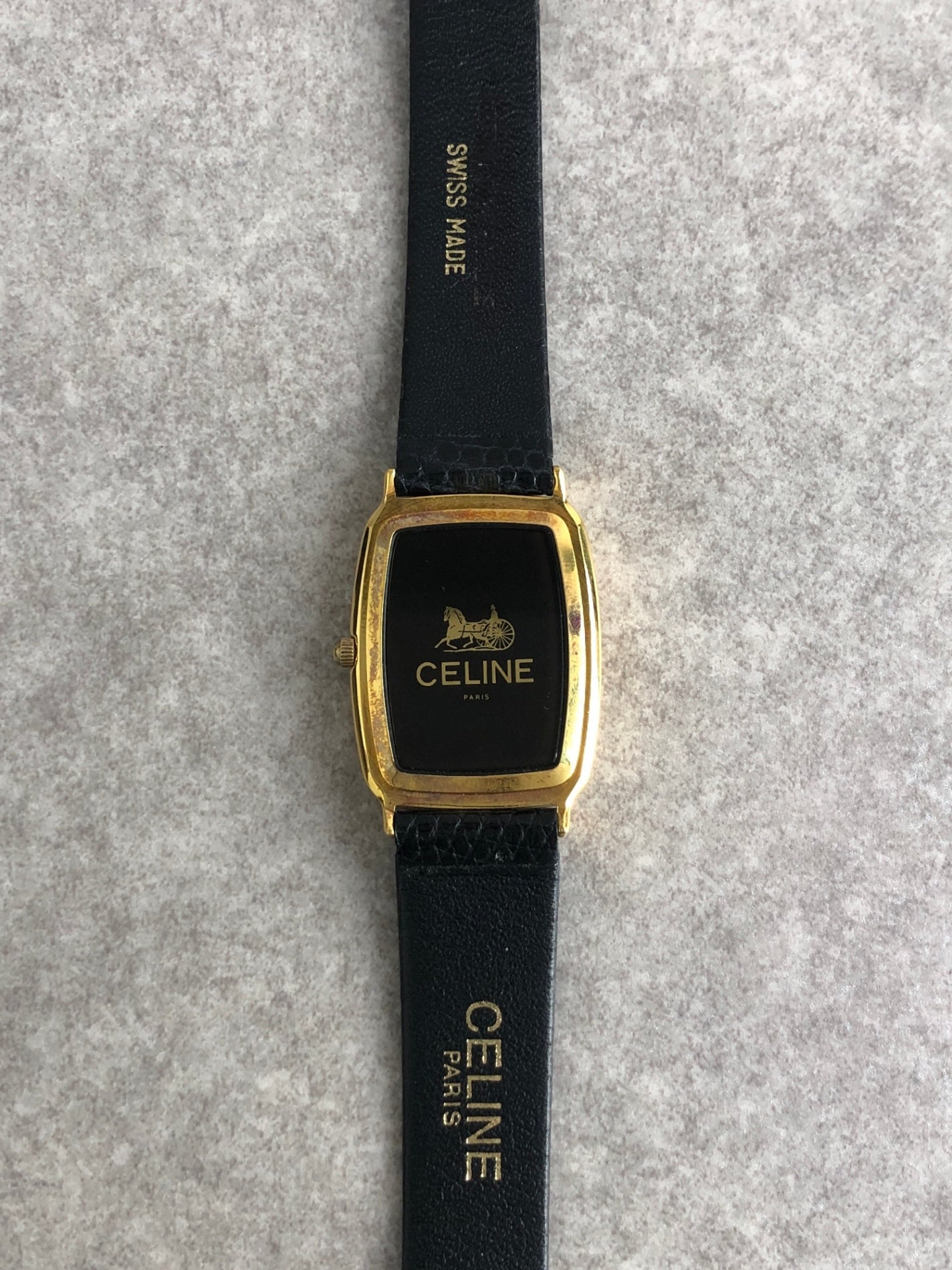 CELINE Horse Carriage Watch Gold×Black Vintage 4c7zjb