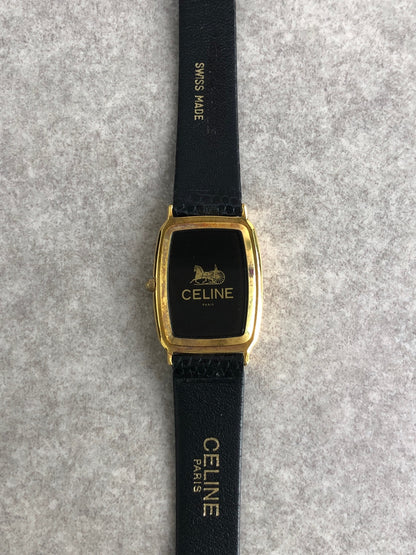 CELINE Horse Carriage Watch Gold×Black Vintage 4c7zjb