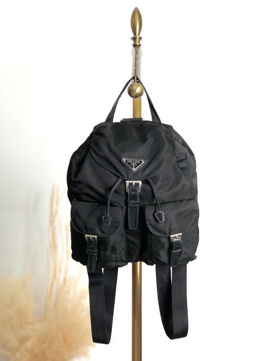 PRADA Tessuto Triangle Logo Double Pocket Backpack Black Vintage najw37