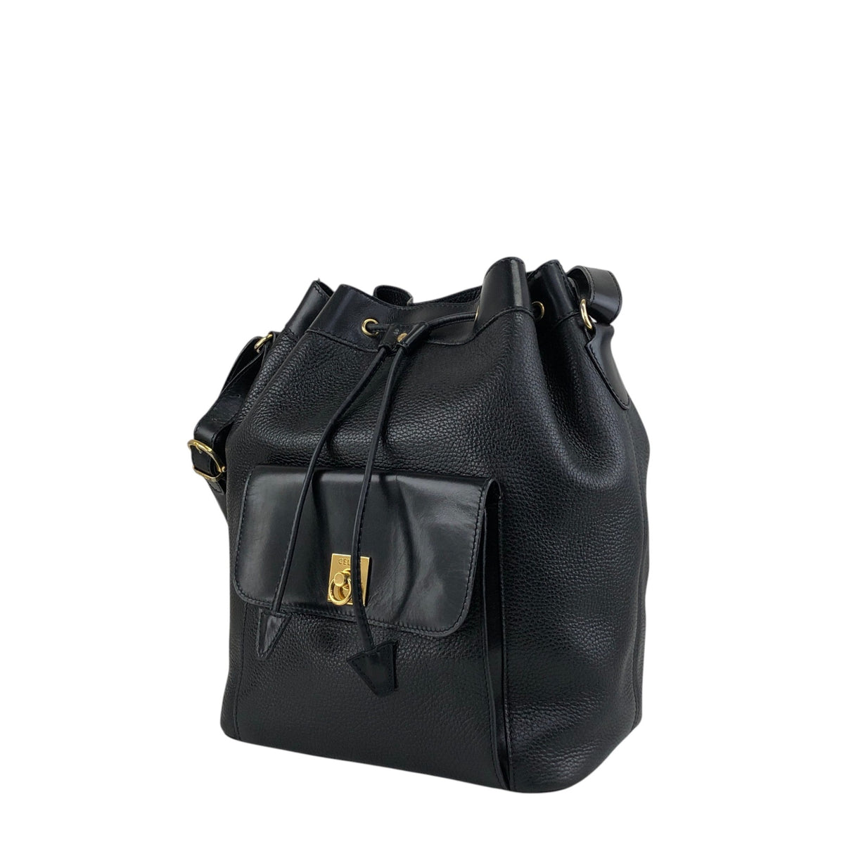 CELINE Gancini Front Pocket Drawstring Shoulder bag Black Vintage 3gt2jh
