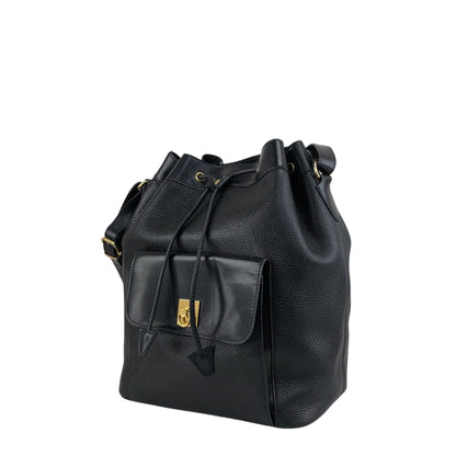 CELINE Gancini Front Pocket Drawstring Shoulder bag Black Vintage 3gt2jh