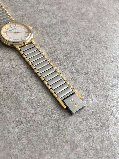 Yves Saint Laurent YSL Logo Quartz Watch Silver×Gold 2823-268440 Yo Vintage zdikrb