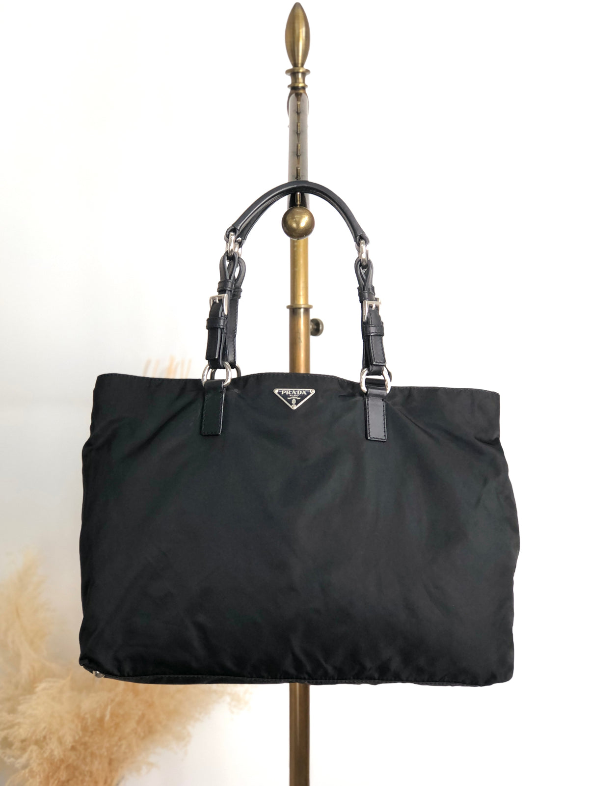 PRADA Triangle Logo Handbag Totebag Black Vintage ezvjia