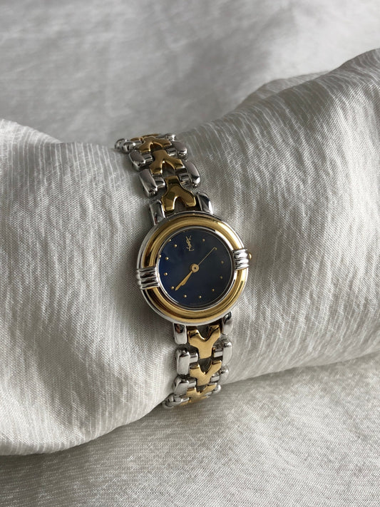 Yves Saint Laurent YSL Logo Quartz Watch Silver×Black 700154 Vintage nmcbrg
