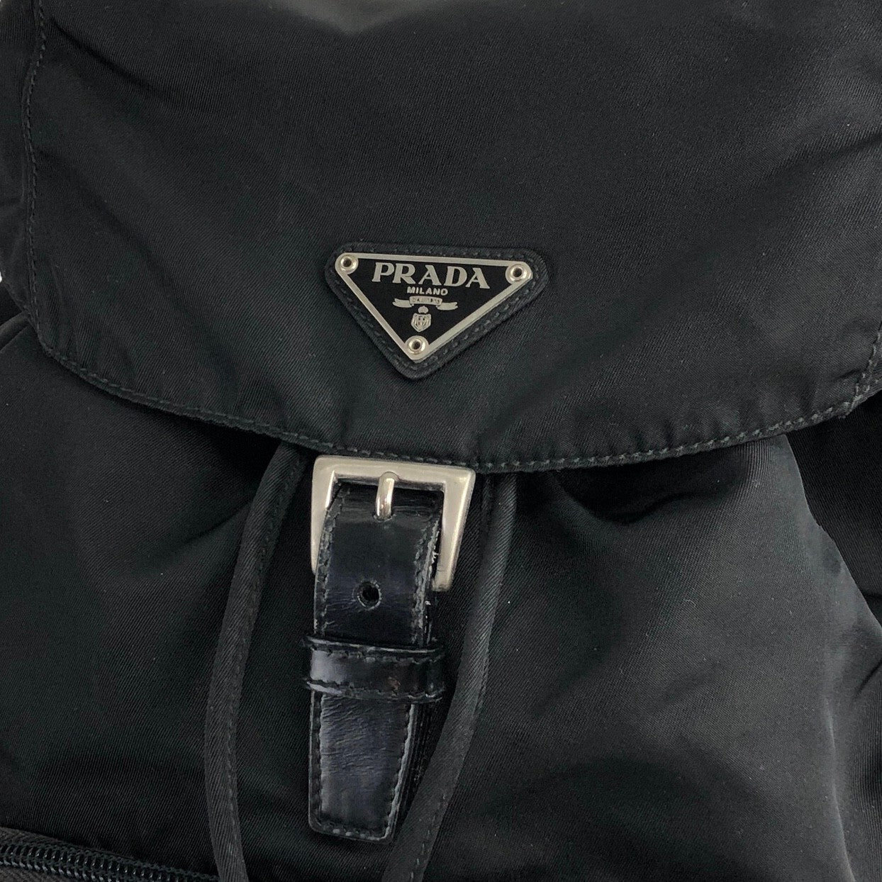 PRADA Triangle Logo Front Buckle Nylon Backpack Black Vintage c68je8