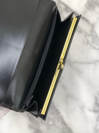 CELINE Macadam Logo Metal Clasp Long Wallet Black Vintage x577ej