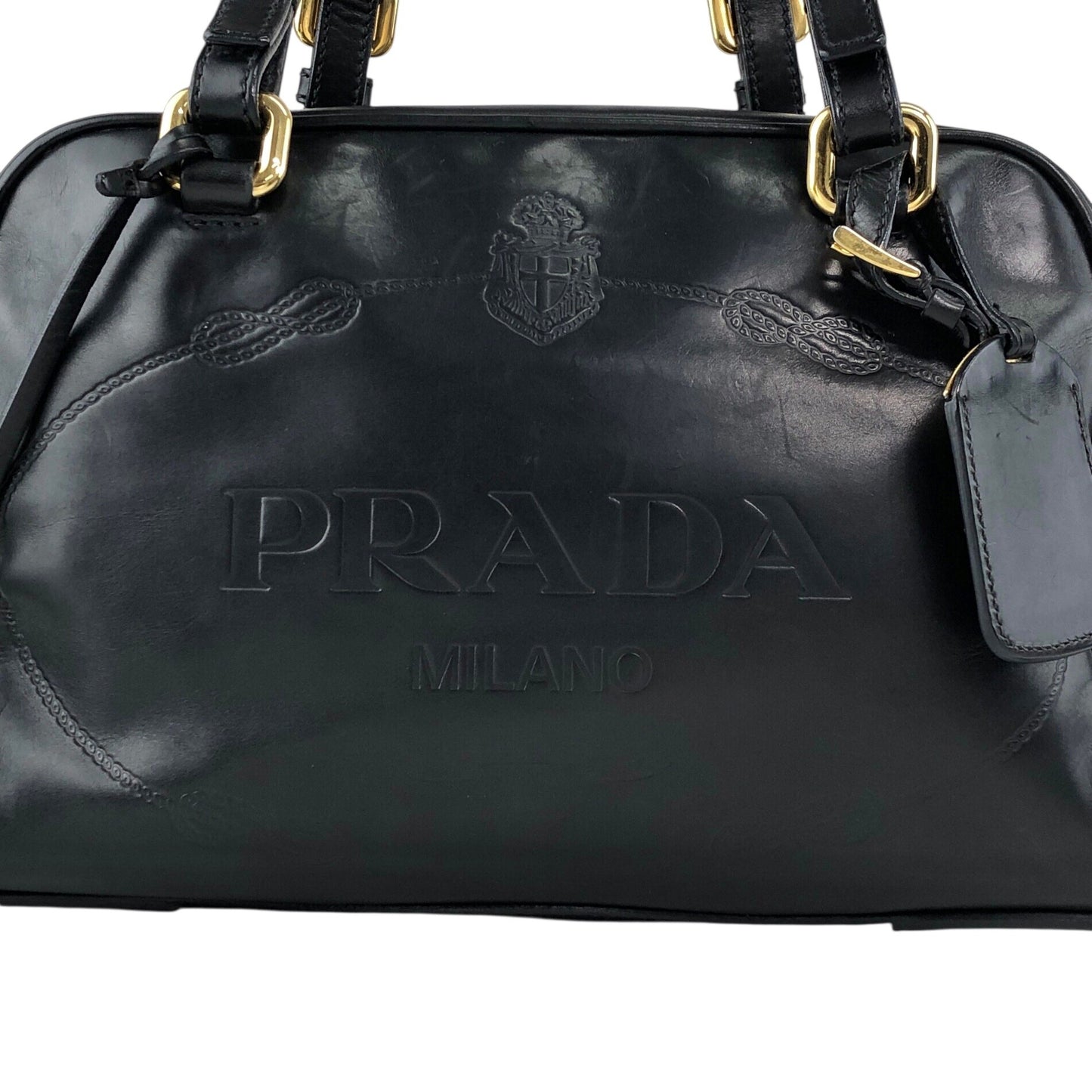 PRADA Logo Embossed Handbag Boston bag Black Vintage nfyku6