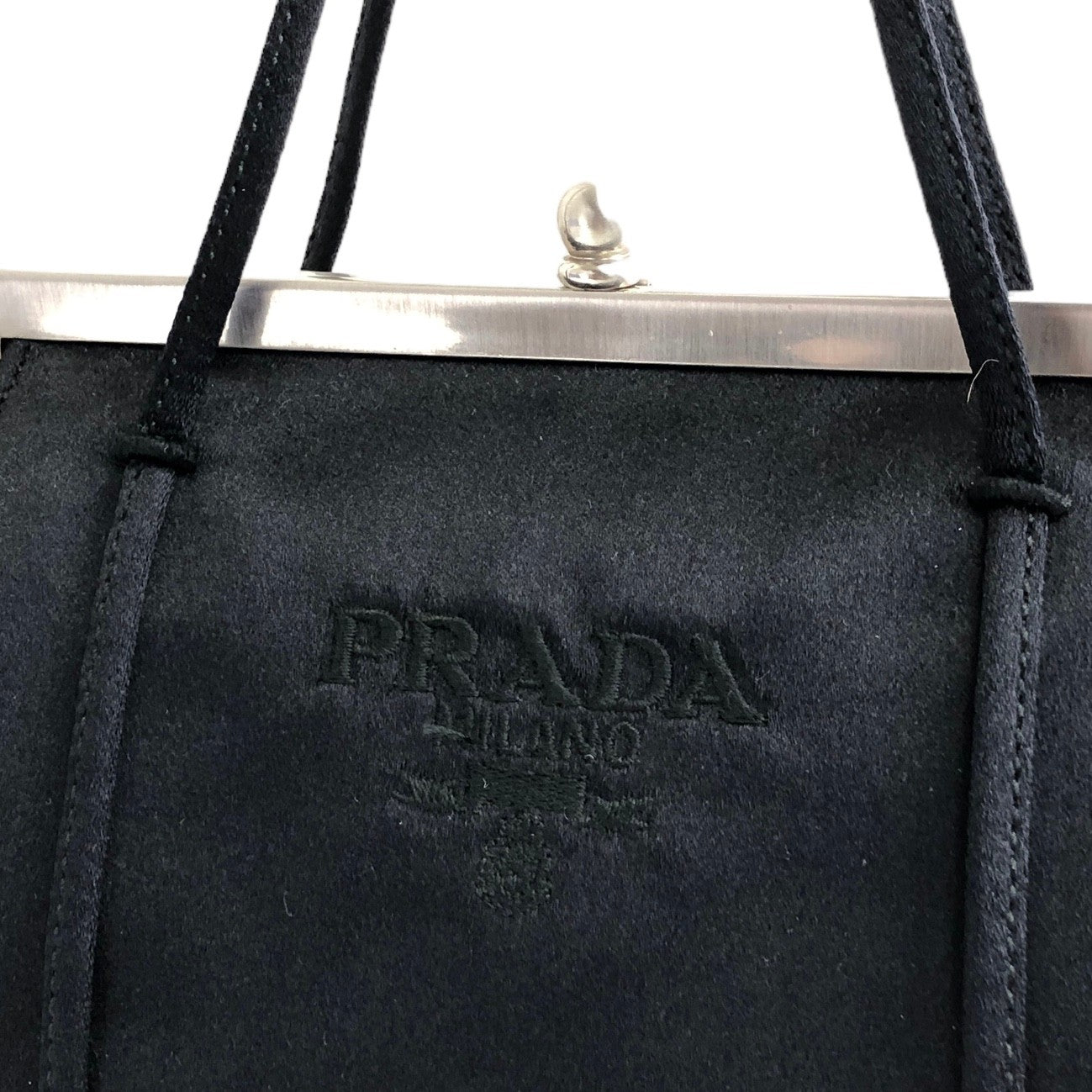 PRADA Logo Nylon Metal Clasp Handbag Black Vintage mk7yc6