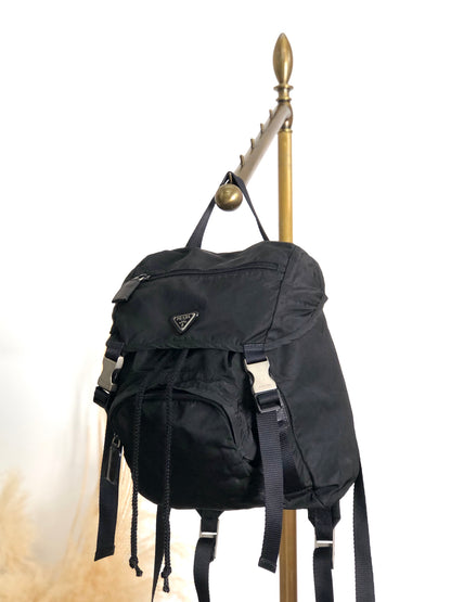 PRADA Tessuto Triangle Logo Front Buckle Backpack Black Vintage 2mkph6