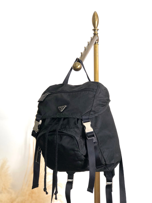 PRADA Tessuto Triangle Logo Front Buckle Backpack Black Vintage 2mkph6