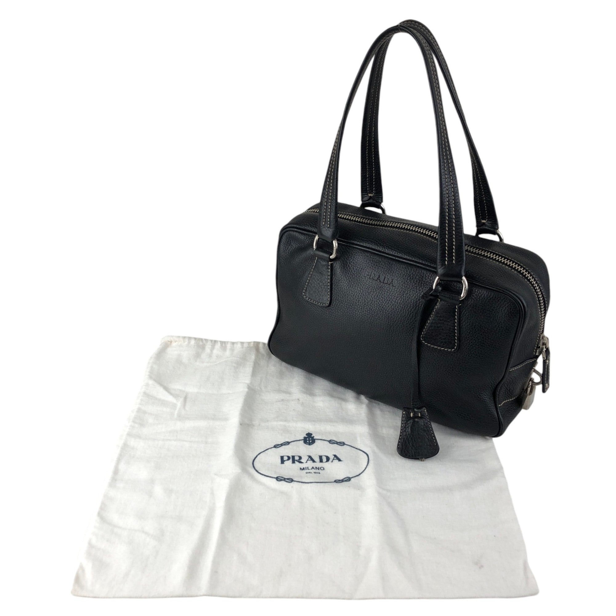 PRADA Logo Embossed Small Boston bag Handbag Black Vintage wuztbm