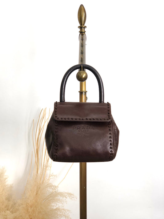 PRADA Logo Embossed Small Handbag Brown Vintage 5zhkhc