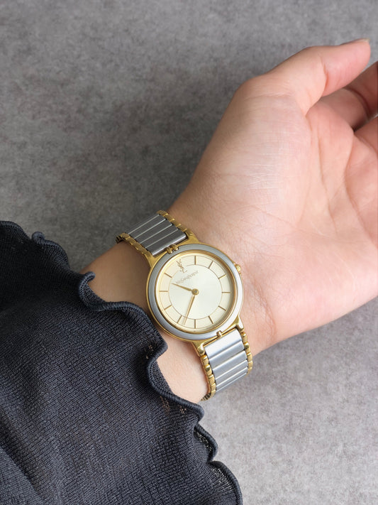 Yves Saint Laurent YSL Logo Quartz Watch Silver×Gold 4620-E62267Y Vintage iymii4