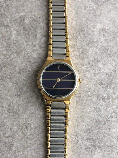 Yves Saint Laurent YSL Logo Watch Silver×Black Vintage as4e87