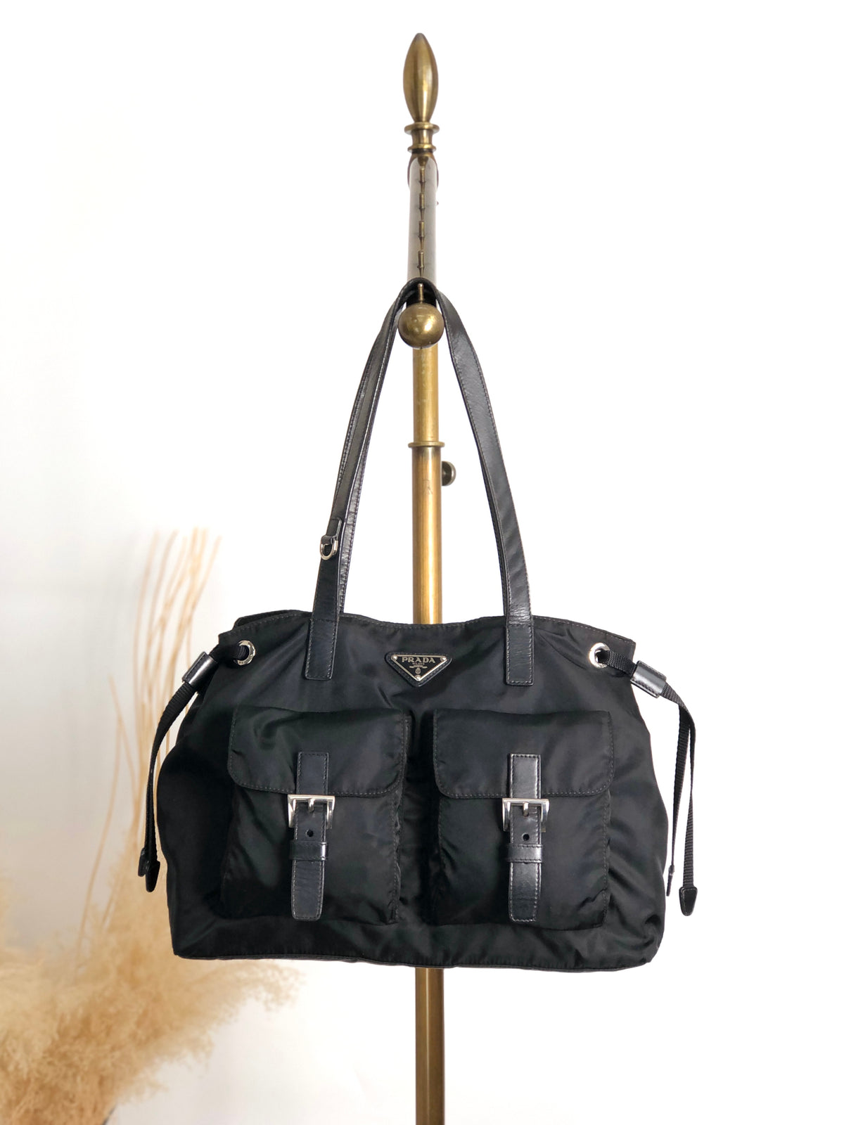 PRADA Tessuto Triangle Logo Double Pocket Totebag Black Vintage bdfpbe