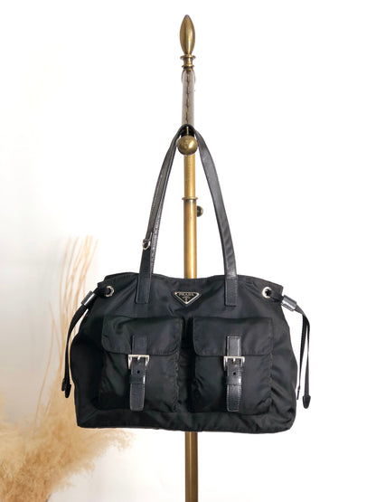 PRADA Tessuto Triangle Logo Double Pocket Totebag Black Vintage bdfpbe
