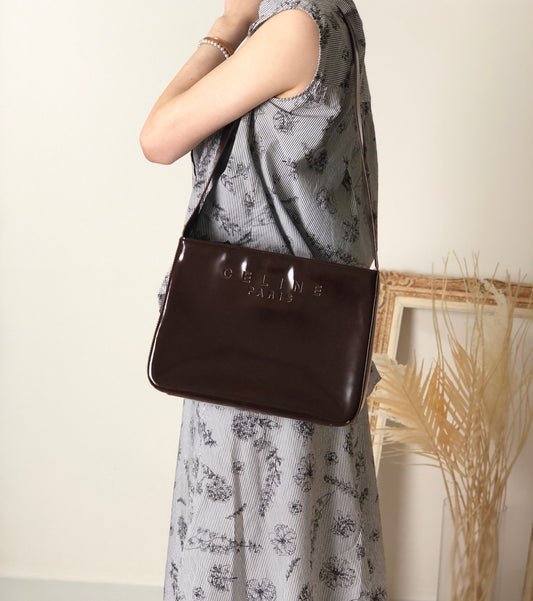 CELINE Logo Embossed Shoulder bag Brown Vintage e4mff8