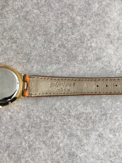 Yves Saint Laurent YSL Logo Quartz Watch Gold×Brown 518731 Vintage mmjgay