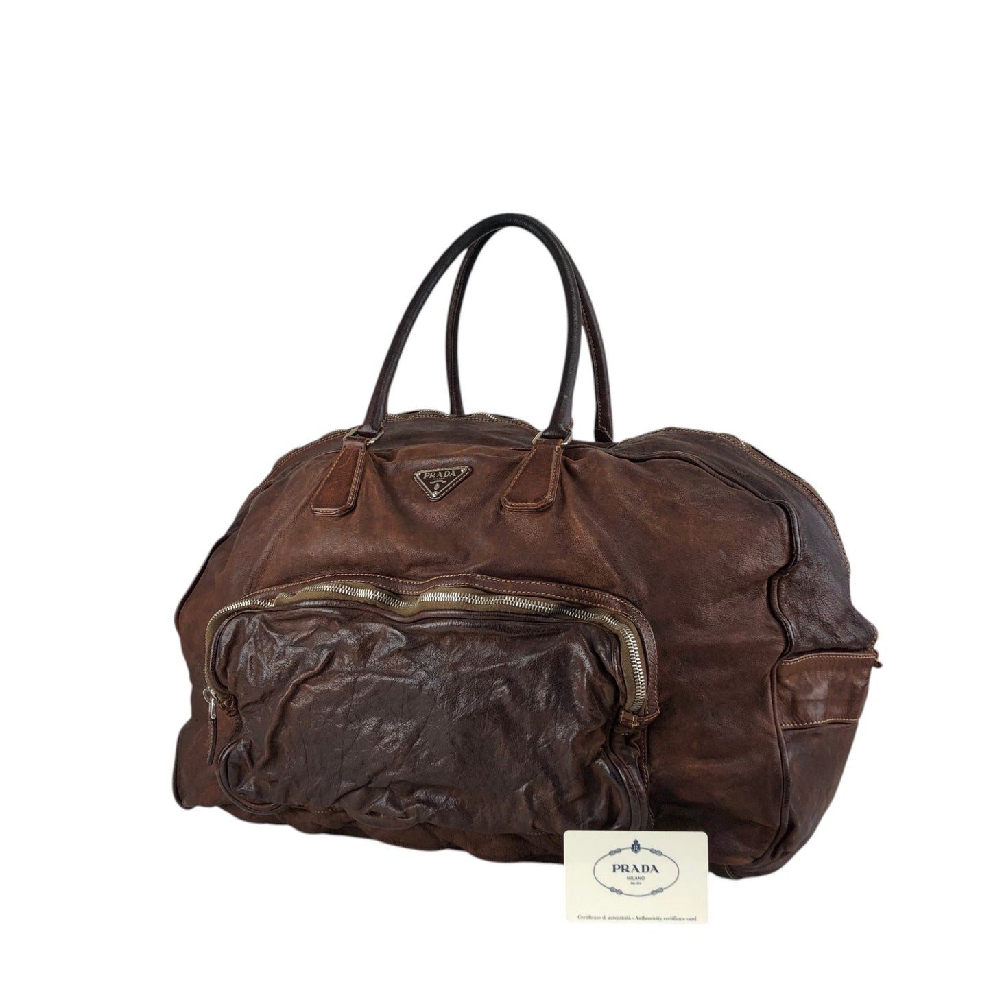 PRADA Triangle Logo Handbag Boston bag Washed leather Brown Vintage 2umzpg