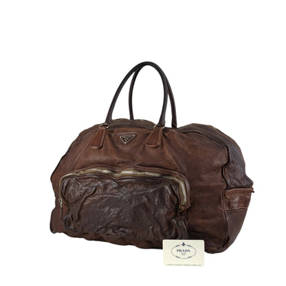 PRADA Triangle Logo Handbag Boston bag Washed leather Brown Vintage 2umzpg
